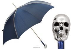 Umbrella | NZ PASOTTI Men 416NT PBT W33PB - Navy Umbrella with Studs and Silver Skull Handle VB8JV52