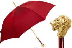 Umbrella | NZ PASOTTI Men 479FA Oxf-4 W37PR - Red Umbrella with Gold Lion Handle, with Case and Ring VB8JV3