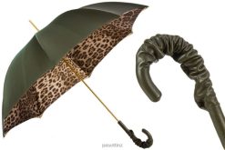 Umbrella | NZ PASOTTI Unisex 189 90115-5 A35 - Leopard Print Olive Green Umbrella with Ruched Leather Handle VB8JV418